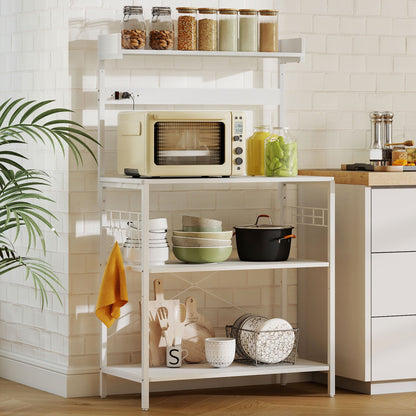 Kitchen Baker's Rack with Power Outlet, Coffee Bar Station with Adjustable Shelves and Hooks, Distressed Grey