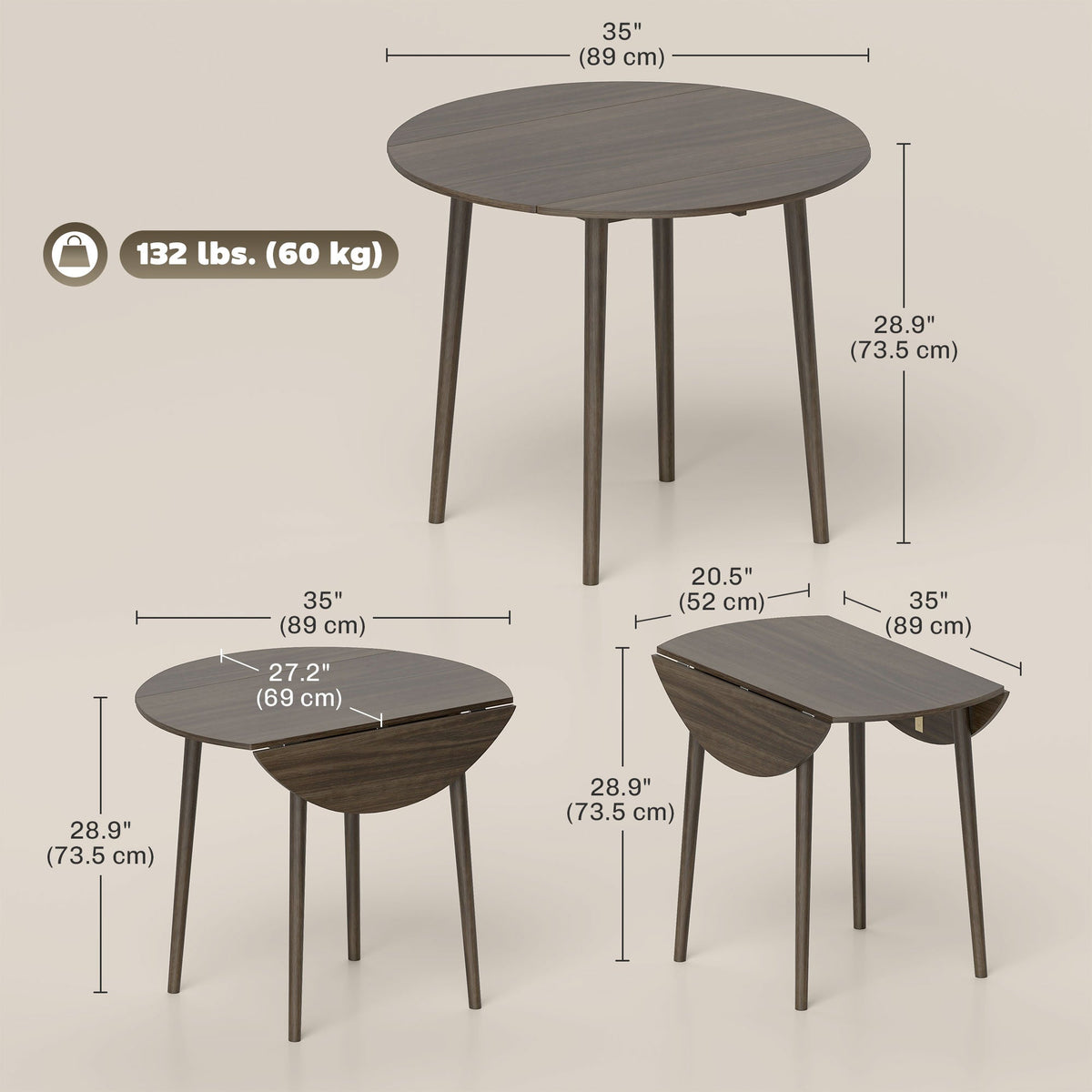 Folding Dining Table, Round Drop Leaf Kitchen Table for Small Spaces with Wood Legs, Oak