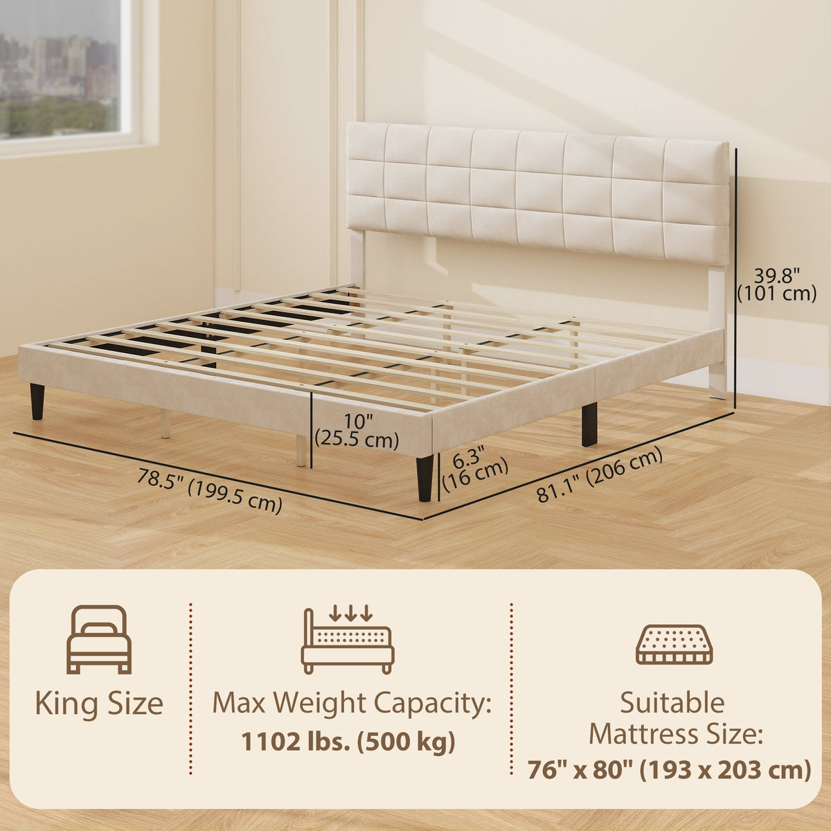 Harper King Size Bed Frame with Upholstered Headboard-Cream White