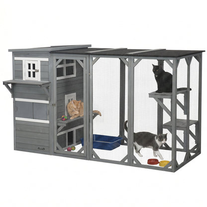 Wooden Cat Catio, 76"L Walk in Outdoor Cat House with Asphalt Roof, Platforms, Lockable Doors, 3-tier Resting Condo, Observation Window, for 2-3 Cats, Light Grey