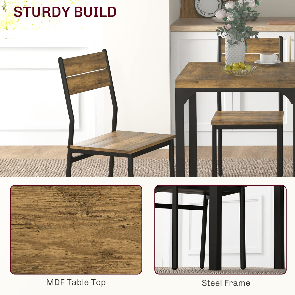 Dining Table Set for 2, 3 Piece Kitchen Table and Chairs with Metal Legs for Small Spaces, Natural Wood