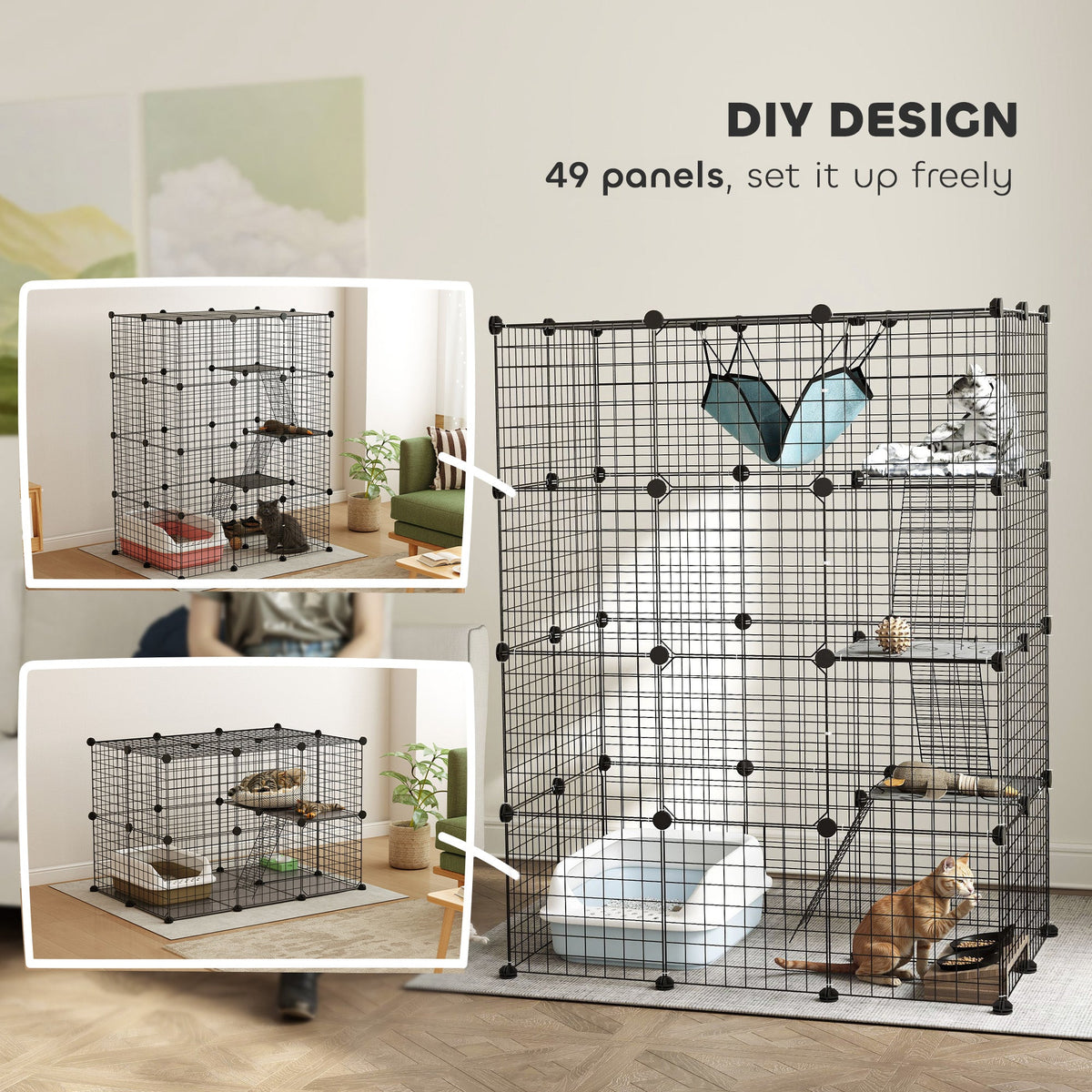 4 Tier DIY Cat Cage Indoor, Catio for 1-3 Cats with Hammock, 5 Doors, 3 Ramps, 3 Jumping Platforms, for 1-3 Cats, Black