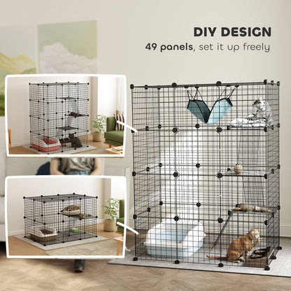 4 Tier DIY Cat Cage Indoor, Catio for 1-3 Cats with Hammock, 5 Doors, 3 Ramps, 3 Jumping Platforms, for 1-3 Cats, Black