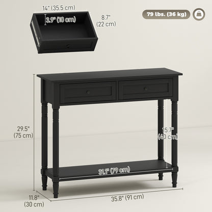Hallway Console Table, Modern Entryway Table with 2 Drawers, Storage Shelf, Turned Legs for Living Room, Bedroom, Black