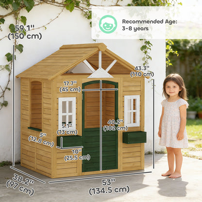 Outdoor Playhouse, Wooden Kids Playhouse with Door, 3 Windows, 2 Flower Boxes for Garden, Indoor Playroom, Ages 3–8