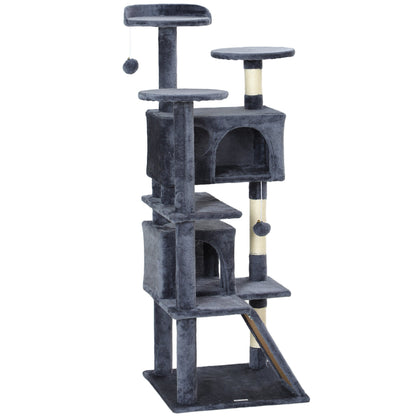 54" Cat Tree, Multi-Level Cat Tower with Scratching Posts, Cat Condos, Bed, Platforms, Ramp, Toy Ball, Beige