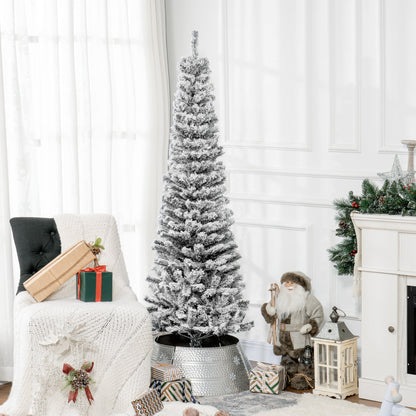 6ft Flocked Christmas Tree, Pencil Christmas Tree with Realistic Branch Tips, Folding Metal Stand, Green