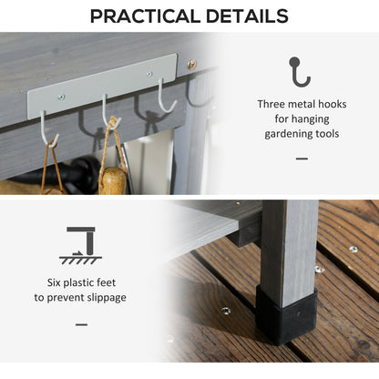 Potting Bench Table Garden Work Bench Workstation with Drawer, Removable Sink, Storage Shelves and Hooks for Patio, Courtyards, Balcony