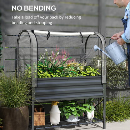 Raised Garden Bed with Cover, Metal Elevated Planter Box with Bottom Shelf and Liner, Black