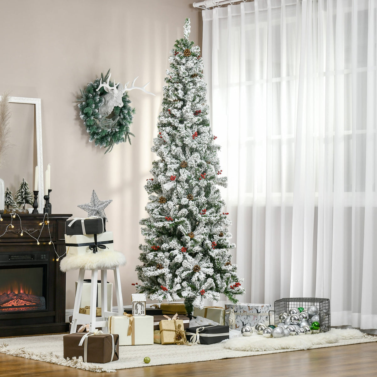 6 Foot Pencil Snow Flocked Artificial Christmas Tree with 600 Pine Realistic Branches, Pine Cones, Red Berries, Auto Open, Green