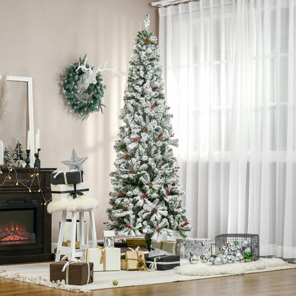 6 Foot Pencil Snow Flocked Artificial Christmas Tree with 600 Pine Realistic Branches, Pine Cones, Red Berries, Auto Open, Green