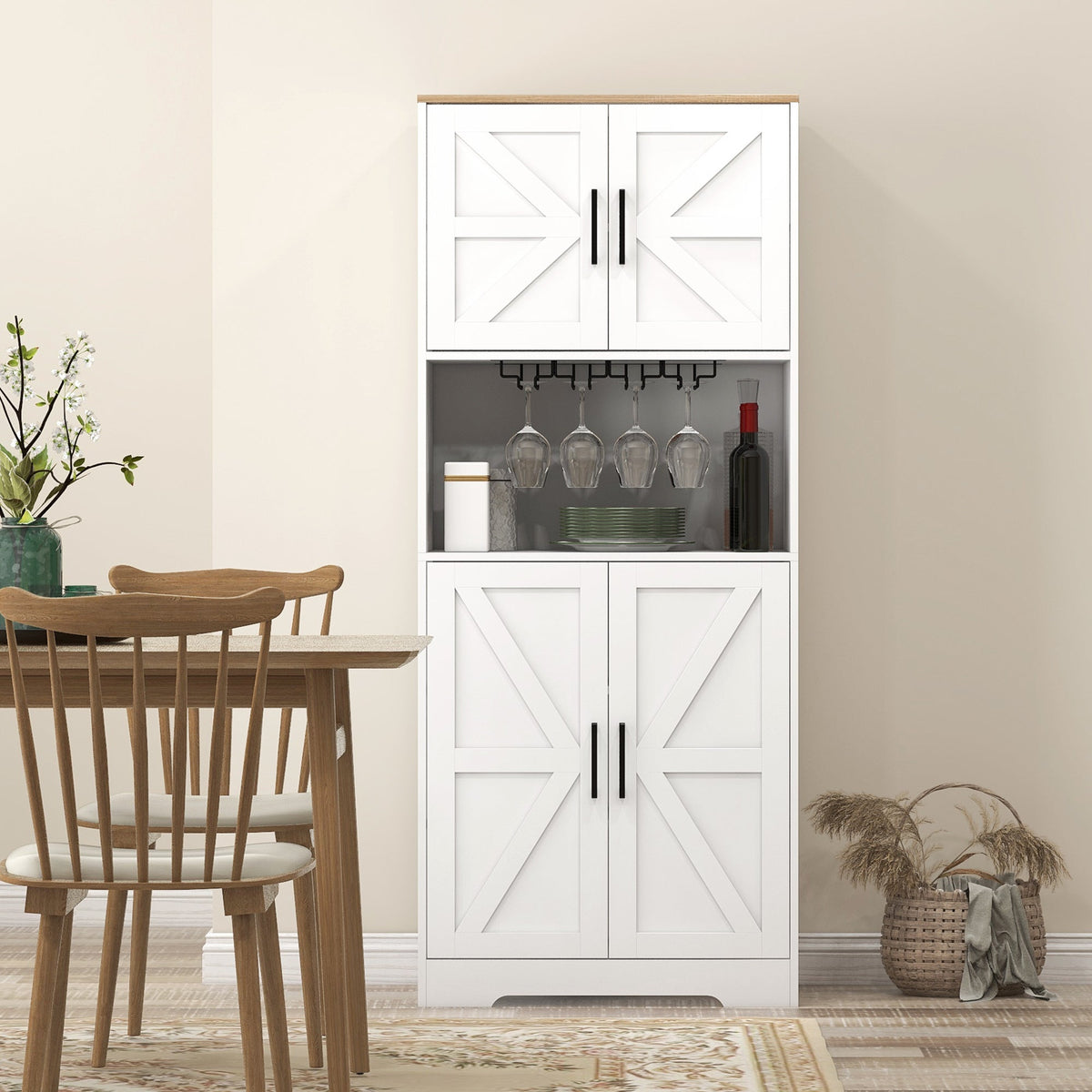 Farmhouse Kitchen Pantry, 68" Freestanding Hutch Storage Cabinet with Microwave Oven Countertop, Black
