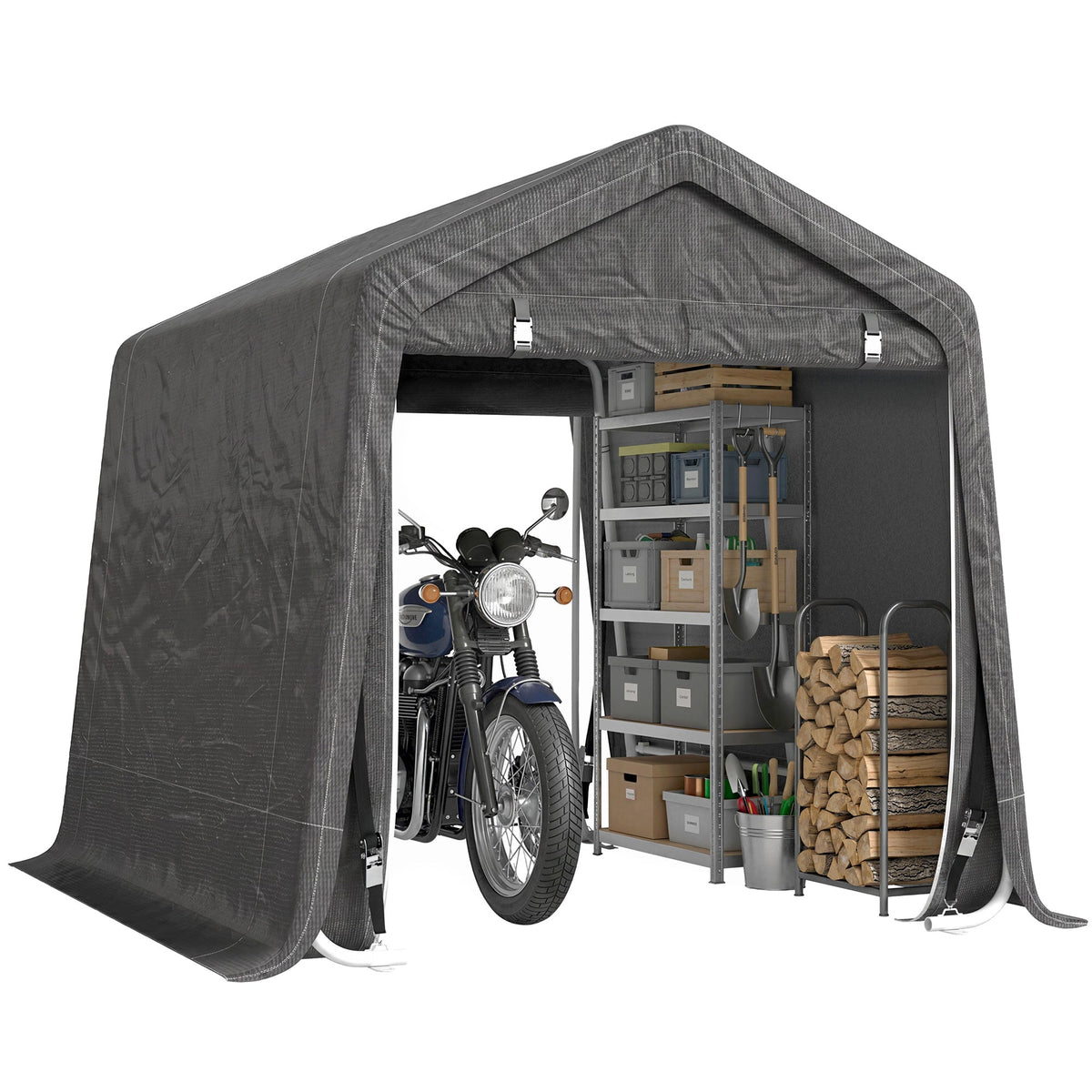 7.9' x 6.6' Garden Storage Tent, Patio Storage Shelter w/ Metal Frame and Double Zipper Doors, Dark Grey