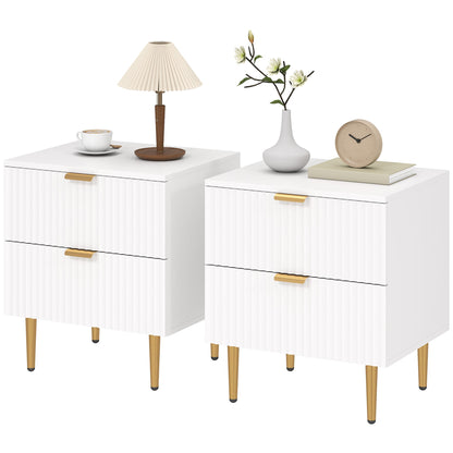 Bedside Table, Modern Nightstand with 2 Drawers, Side End Table with Metal Legs for Living Room, Bedroom, White