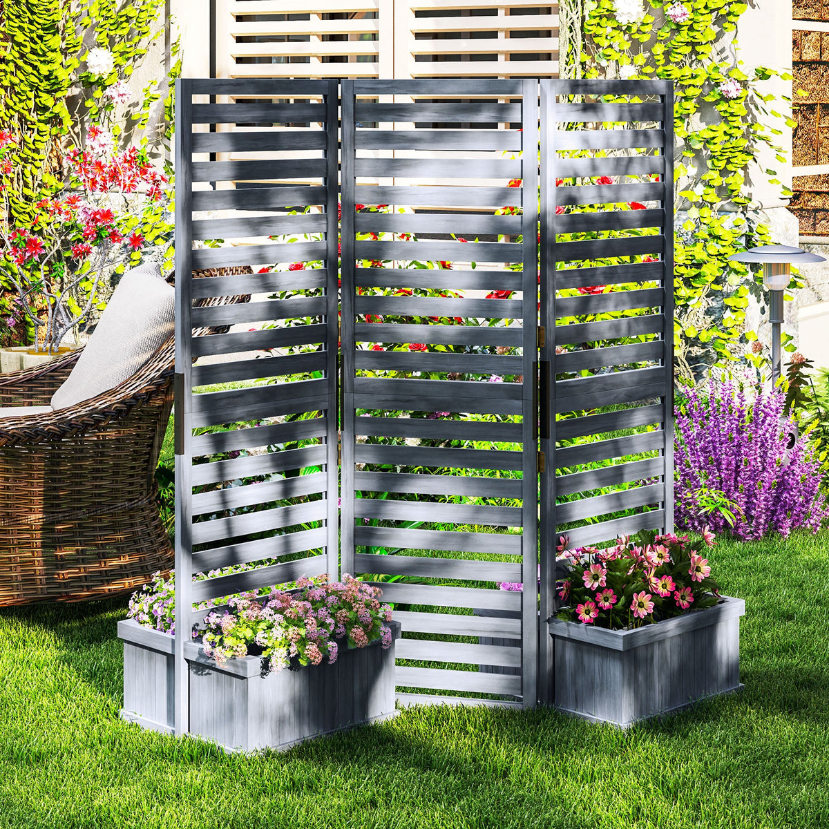 Outdoor Privacy Screen Wood Privacy Panel with 4 Planter Boxes, Raised Bed with 3 Panels, Drainage Holes, Natural