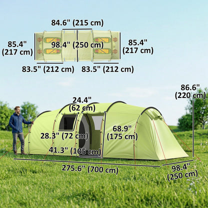 6 Person Camping Tent with Porch, Large Family Tent with 2 Bedroom and Living Room, Light Green