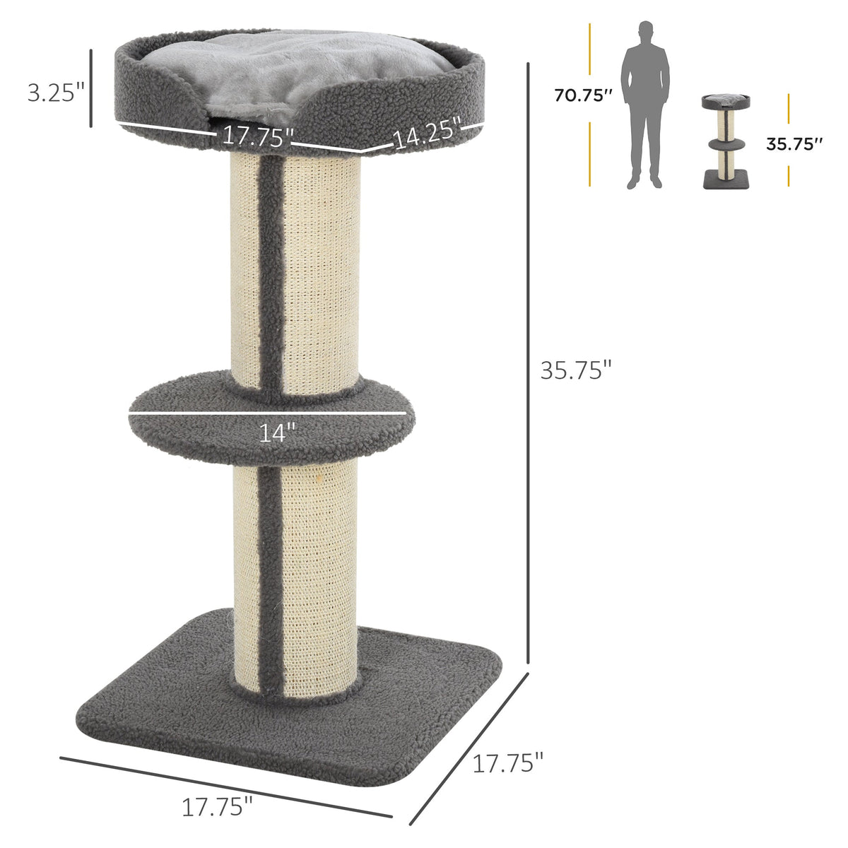 Cat Tree Kitty Tower with Sisal Mat Scratching Post, Cat Bed, Cushion, Perch, 18" x 18" x 36", Brown