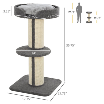 Cat Tree Kitty Tower with Sisal Mat Scratching Post, Cat Bed, Cushion, Perch, 18" x 18" x 36", Brown