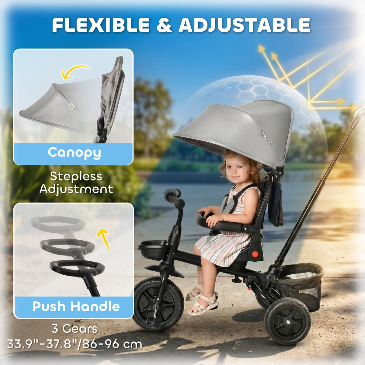 Tricycle for Toddler 5 in 1 Kids Trike, Foldable Converts Stroller to Toddler Bike, Adjustable Backrest & Curved Canopy, Detachable Guardrail & Handle for 1-5 Years Old, Black
