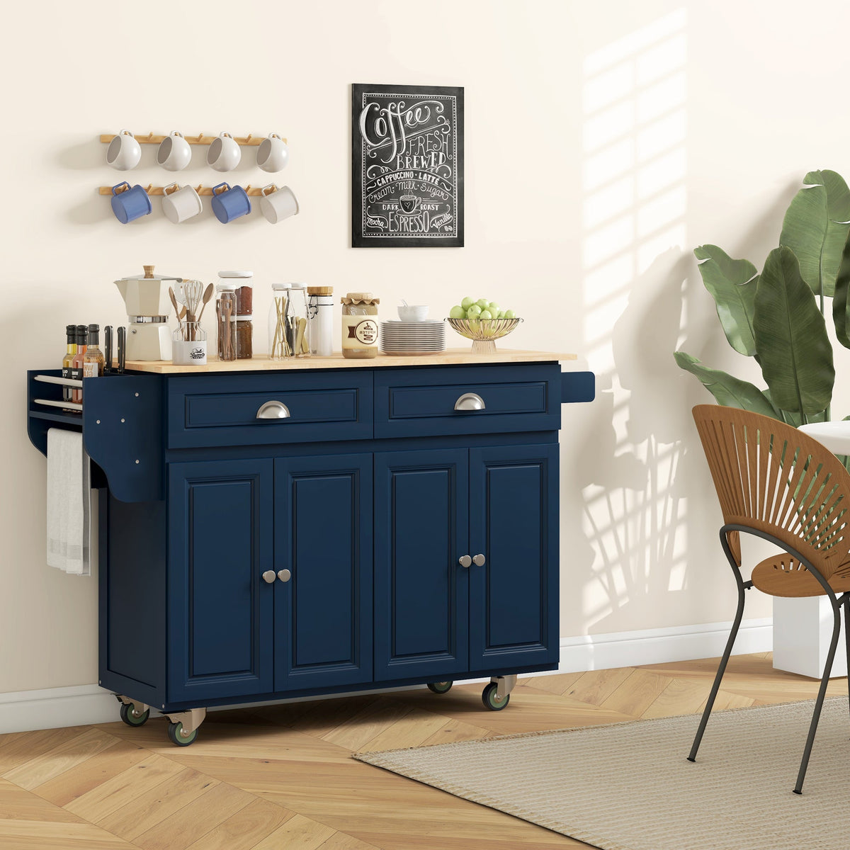 Kitchen Island with Storage, Rolling Kitchen Island with Drop Leaf, Rubber Wood Top and Adjustable Shelves, Navy Blue