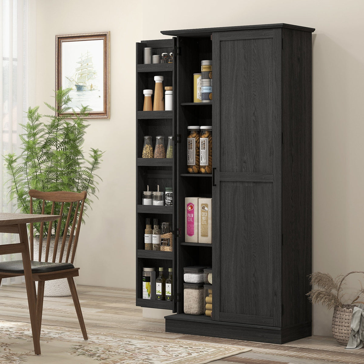 70" Tall Kitchen Pantry Cabinet with Door Shelves and Adjustable Shelves, Black Wood Grain