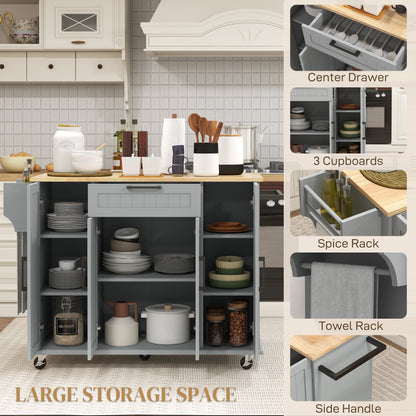 Modern Rolling Kitchen Island Cart with Drawers, Natural Wood Top, Towel Rack, Door Storage Cabinet, Black