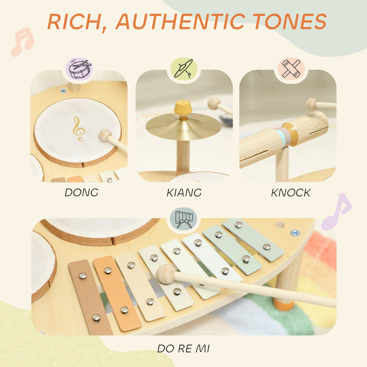 Toddler Drum Set, 4-in-1 Musical Instruments for Kids 2+, Gifts for Girls Boys Birthday, Natural Wood