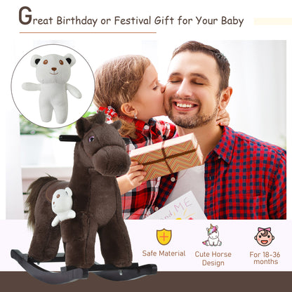 Kids Rocking Horse Plush Animal on Wooden Rockers with Sounds, Wooden Base and Bear Toy, Baby Rocking Chair, Brown