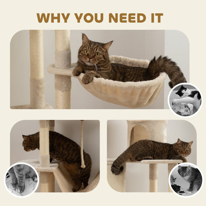 81" Large Cat Tree w/ Scratching Posts, Condos, Beds, Hammocks, Jumping Platforms, Toy Balls, Rope Cat Toy, Beige