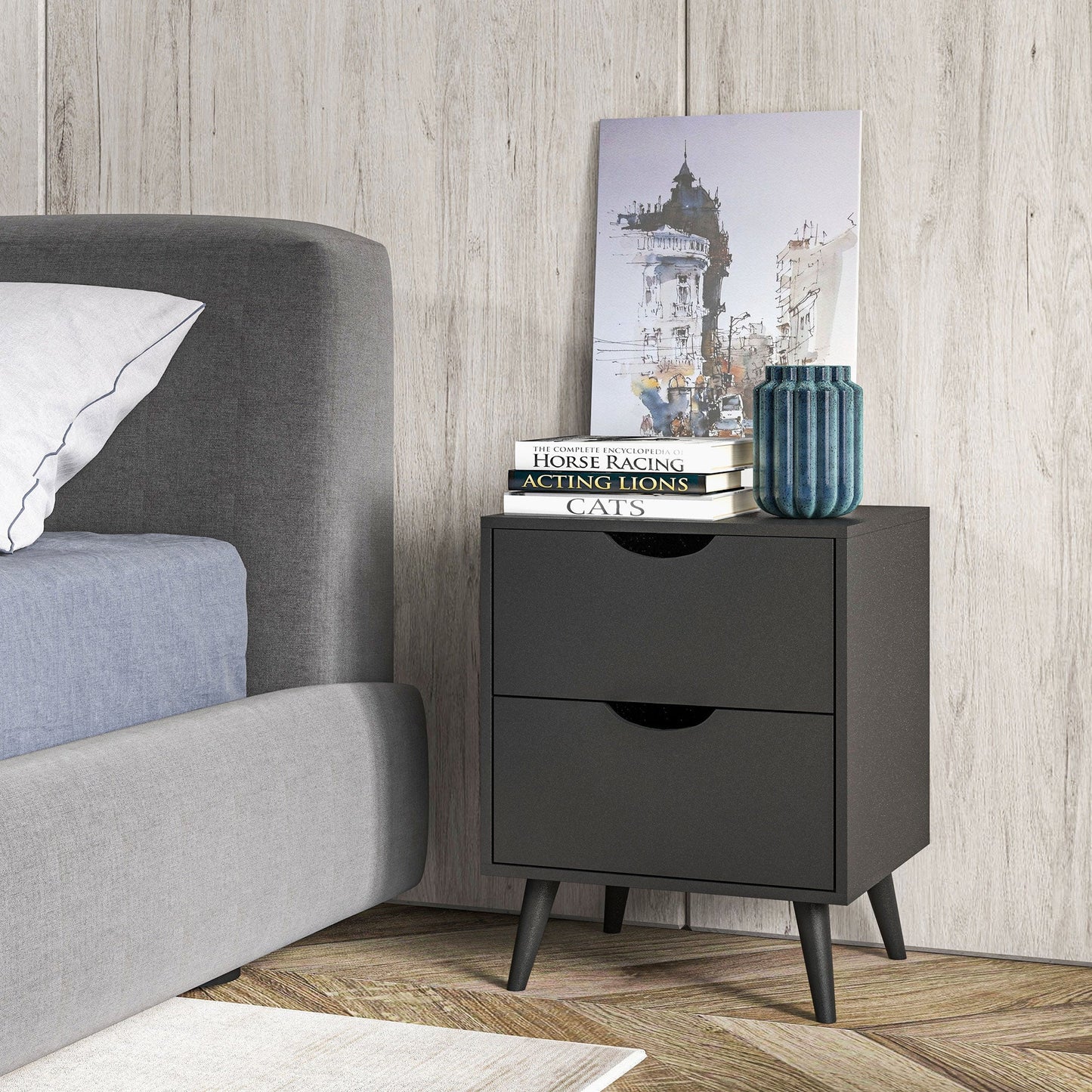 Jesse Nightstand with 2 Drawers and Pine Wood Legs-Black