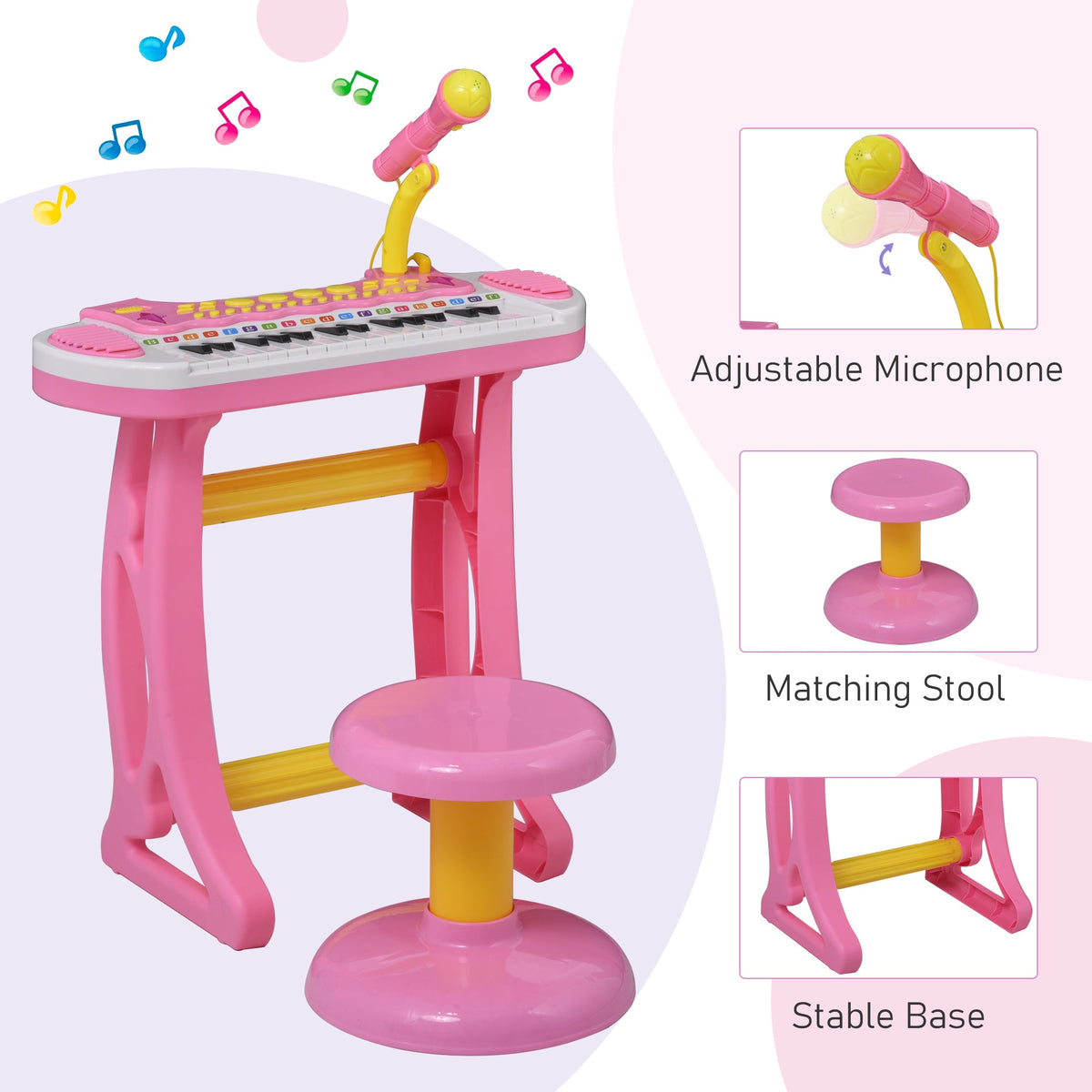 Kids Toddler Toy Piano Keyboard with Included Sitting Stool, Working Microphone, A Fun Bright Flashlight, Pink