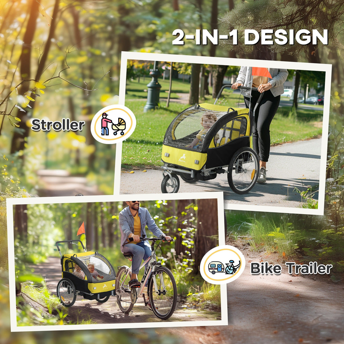 2-in-1 Bike Trailer for Kids, Foldable 2-Seat Baby Stroller with 5-Point Harness, Rubber Wheels, Storage Bag, Black