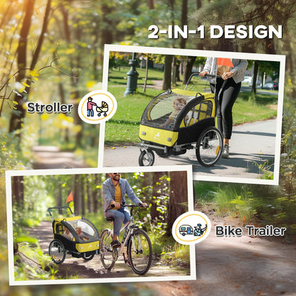 2-in-1 Bike Trailer for Kids, Foldable 2-Seat Baby Stroller with 5-Point Harness, Rubber Wheels, Storage Bag, Black