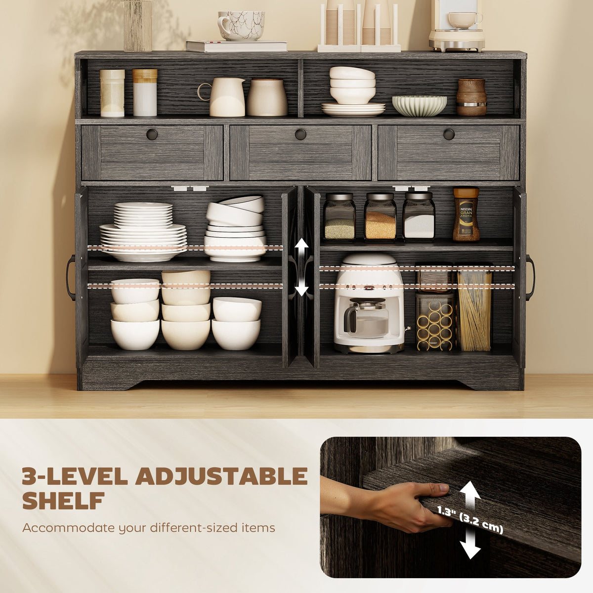 Sideboard, Buffet Cabinet with 4 Barn Doors and 3 Drawers, Coffee Bar Cabinet with Adjustable Shelves, Black
