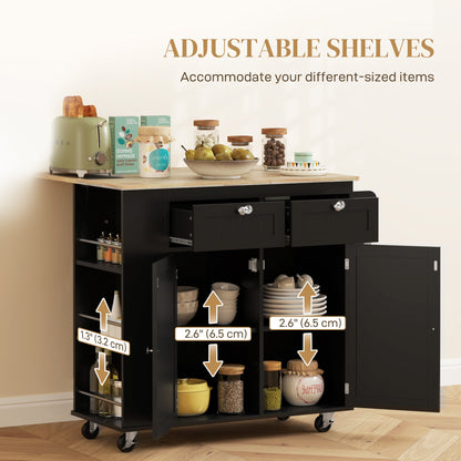 Kitchen Island with Power Outlet and Drop Leaf, Rolling Kitchen Cart with 2 Drawers and Adjustable Shelves, Black
