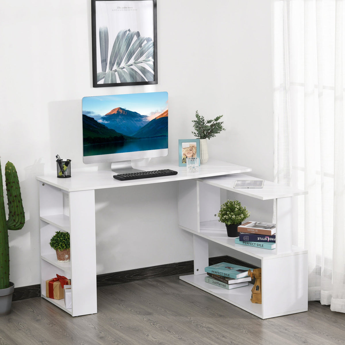 L Shaped Desk, 360° Rotating Corner Desk, Computer Writing Table Workstation with Storage Shelf for Home Office, Black