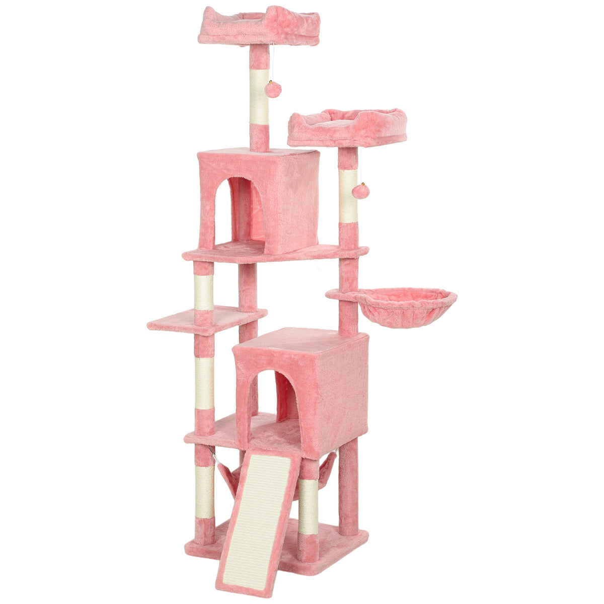 Cat Tree, 70" Multi-Level Cat Tower with 2 Condos, 2 Perches, Hammock, Toy Balls, Scratching Posts and Board, Dark Grey