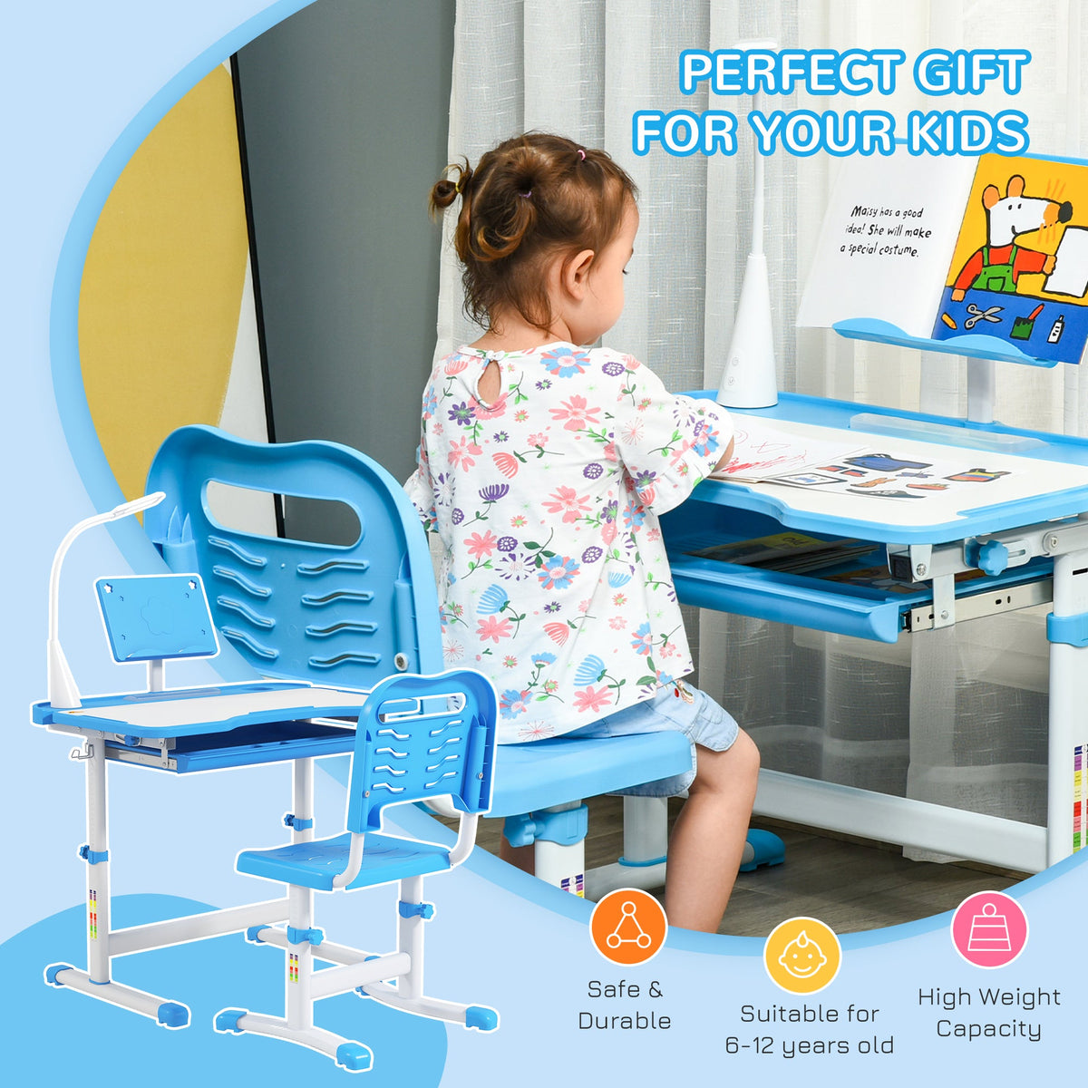 Kids Desk and Chair Set Height Adjustable Student Writing Desk Children School Study Table with Tilt Desktop, Blue