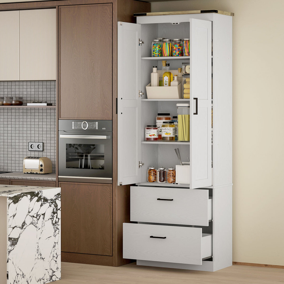 67" Tall Kitchen Pantry Storage Cabinet, Kitchen Pantry Cabinet with Doors, Drawers and Adjustable Shelves, Black