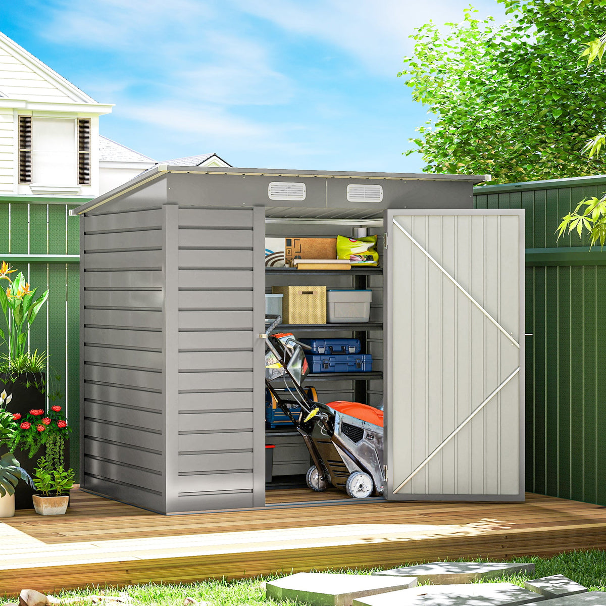 6 x 4FT Galvanized Garden Storage Shed, Metal Outdoor Shed with Double Doors and 2 Vents, Grey
