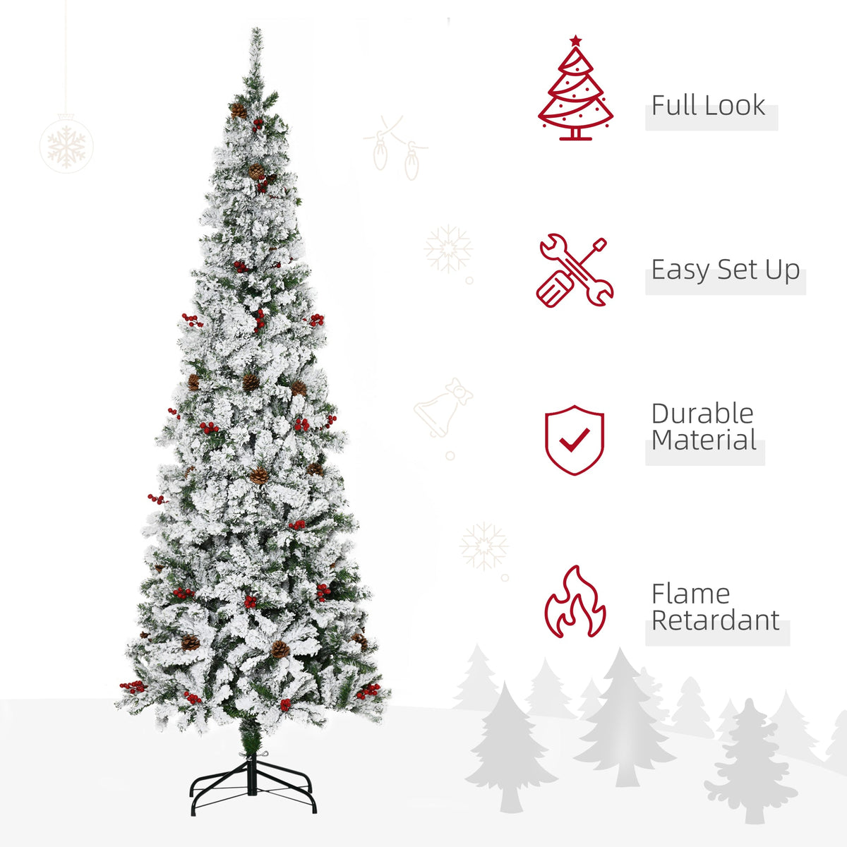 6 Foot Pencil Snow Flocked Artificial Christmas Tree with 600 Pine Realistic Branches, Pine Cones, Red Berries, Auto Open, Green