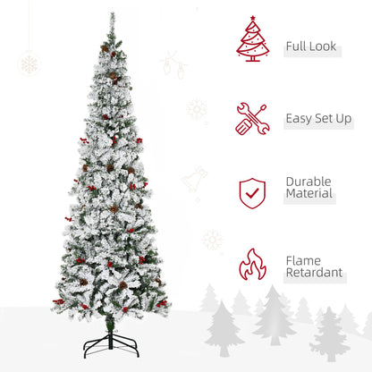 6 Foot Pencil Snow Flocked Artificial Christmas Tree with 600 Pine Realistic Branches, Pine Cones, Red Berries, Auto Open, Green