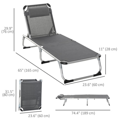 Folding Lounge Chair, Patio Lounger with Headrest, 5-Level Adjustable Backrest, and Aluminum Frame, Black