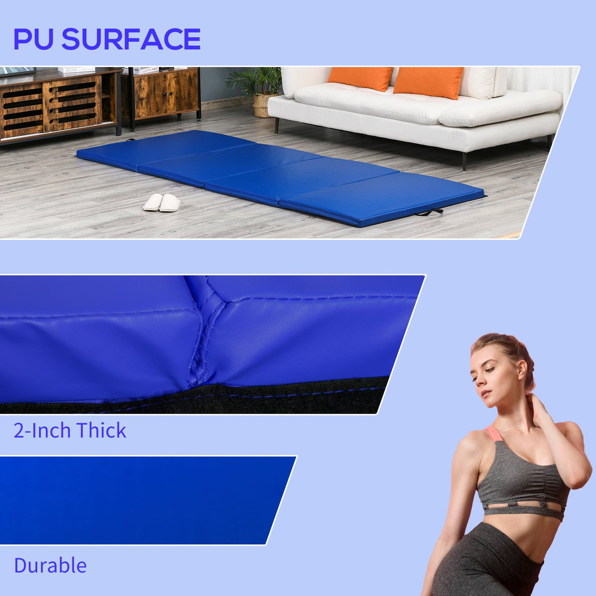 4'x10'x2" Folding Gymnastics Tumbling Mat, Exercise Mat with Carrying Handles for Yoga, MMA, Martial Arts, Dark Blue