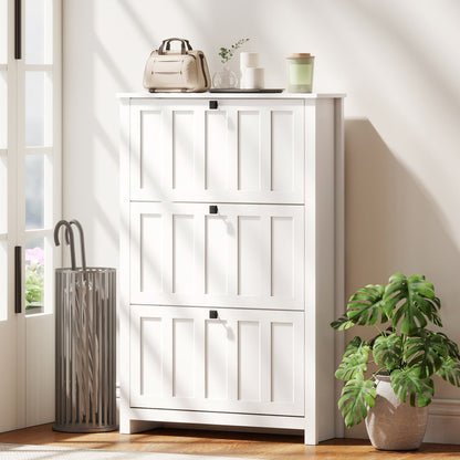 Slim Shoe Cabinet with 3 Flip Drawers, Shoe Storage Cabinet with Adjustable Shelves for Entryway, Holds 12 Pairs, White
