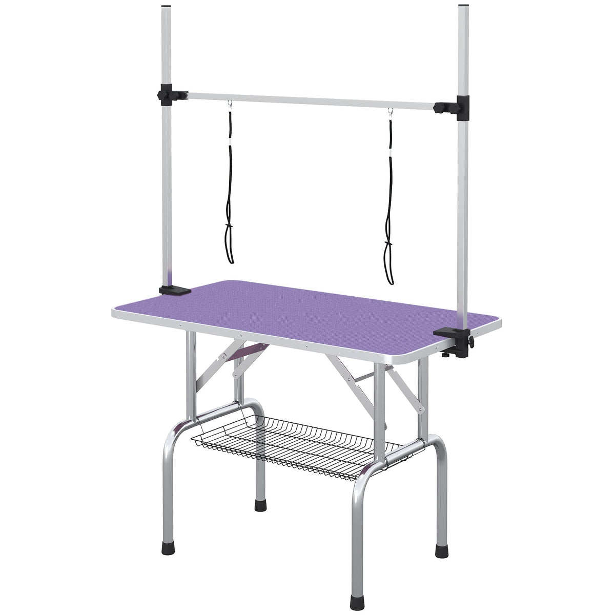 Adjustable Dog Grooming Table with 2 Safety Slings, Storage Basket, Black