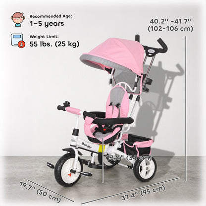 6 in 1 Toddler Tricycle Stroller with Basket, Canopy, 5-point Safety Harness, for 12-60 Months, Grey