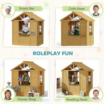 Outdoor Playhouse, Wooden Kids Playhouse with Door, 3 Windows, 2 Flower Boxes for Garden, Indoor Playroom, Ages 3–8