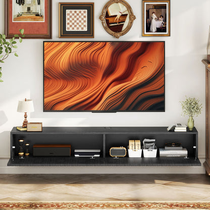 71" Floating TV Stand for TVs up to 72 Inch, Wall Mount Media Console with 2 Fluted Flip-Down Doors, Cable Hole, Black