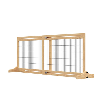 41"-71" Wooden Freestanding Pet Gate with Support Feet, for Small Medium Dogs, Grey-Blue